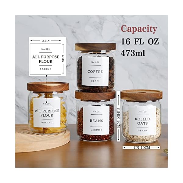   16-OZ-Stackable-Glass-Food-Storage-Jars-with-132-Pantry-Labels-Preprinted-6-Pcs-Thicken-Glass-Storage-Containers-with-Airtight-Acacia-Lid-Clear-Kitchen-Canister-for-Spice-Tea-Coffee-Sugar