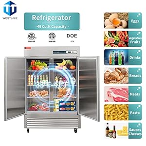 WESTLAKE 54 W Commercial Refrigerator 2 door 2 Section Stainless Steel Reach in Solid door Upright Fan Cooling 49 Cuft Cooler for Restuarant Bar Shop etc
