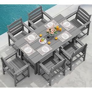 Serwall outdoor hdpe dining table set 7 piece outdoor dining table sets with umbrella hole cut out table and 6 chairs gray  urban country home decor