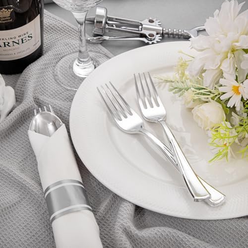 Liacere - 100-Piece Silver Plastic Silverware Set with Napkins