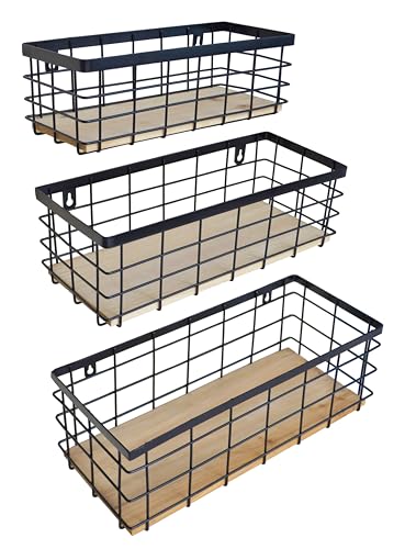 Metalwirebasketdetachablewoodbasestorageorganizerfarmhousebinforkitchencabinetsbathroompantrylaundryroomclosetssetof3blackcolor Urban Country Home Decor Metal wire basket detachable wood base storage organizer farmhouse bin for kitchen cabinets bathroom pantry laundry room closets set of 3black color urban country home decor