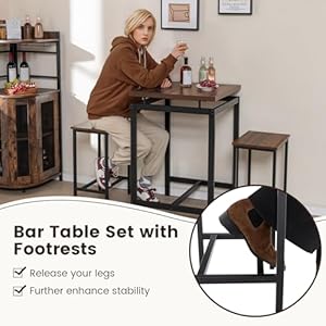 GOFLAME 3 Piece Bar Table Set Square Counter Height Table and Stools with Floating Tabletop Footrest Industrial Pub Table Set with Metal Frame for Breakfast Nook Kitchen Small Space