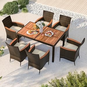   HAPPYGRILL-7-Pieces-Rattan-Wicker-Patio-Dining-Set-Outdoor-Dining-Set-with-Cushions-Large-Dining-Table-with-Acacia-Wood-Top-Outside-Dining-Furniture-Set-with-Umbrella-Hole