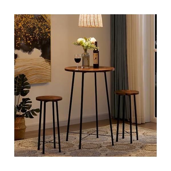 Vecelo small bar table and chairs round bistro sets with 2 barstools 3 piece pub dining furniture counter height wood top for breakfast dinner coffee nap conference easy assembly brown  urban country home decor