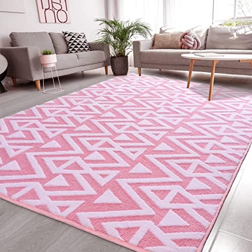 Ompaa Ultra Soft Shaggy Rug 5x8 Feet Pink Geometric Textured Carpet