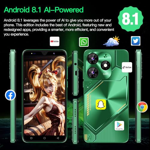 MsMga Günstiges Smartphone, 16 GB ROM (skalierbar auf 128 GB), 5,0 Zoll IPS Display, Android 9.0 OS, Dual SIM Dual Kameras, Face ID 3G Mobile Phones (Povo6 Neo-Green) – Bild 7
