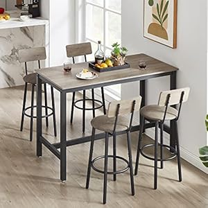CALABASH Bar Table and Chairs SetIndustrial Counter Height Pub Table with 4 ChairsBar Table Set 5 Pieces Dining Table Set Home Kitchen Breakfast Table SetGrey Rectangular 1Table 4 Stools