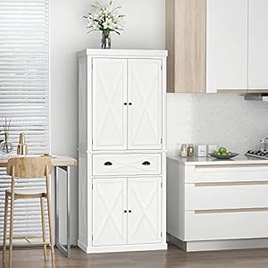   HOMCOM-72-Kitchen-Pantry-Storage-Cabinet-Traditional-Freestanding-Cupboard-with-4-Doors-and-3-Adjustable-Shelves-Large-Central-Drawer-X-Frame-White