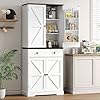 71 Tall Farmhouse Kitchen Pantry with 6 Door Shelves Drawer Wood Pantry Storage Cabinet with 2 Adjustable Shelves 4 Barn Doors Freestanding Cupboard for Kitchen Dining Room White