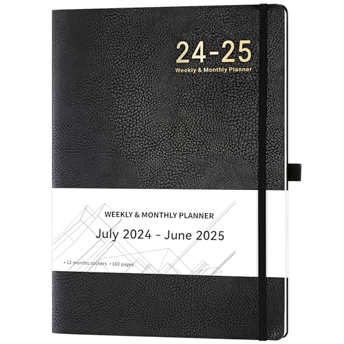 Academic Diary 2024-2025 – A4 Diary Week to View from Jul.2024 to Jun.2025 with Stickers, Leather Cover, Thick Paper, Inner Pocket,Black