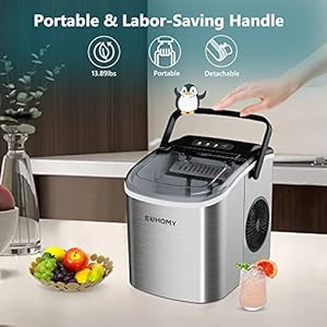 EUHOMY Countertop Ice Maker Machine with Handle 26lbs Per Day 9 Ice Cubes Ready in 6 Mins Auto Cleaning Portable Ice Maker with Basket and Scoop for HomeKitchenCampingRV Silver