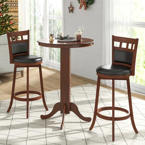 3piecebartableandchairssetroundcounterheighttable2upholsteredswivelbarstoolsrubberwoodframefarmhouserounddiningtablesetforkitchenlivingroombistropub Urban Country Home Decor 3 piece bar table and chairs set round counter height table 2 upholstered swivel bar stools rubber wood frame farmhouse round dining table set for kitchen living room bistro pub urban country home decor