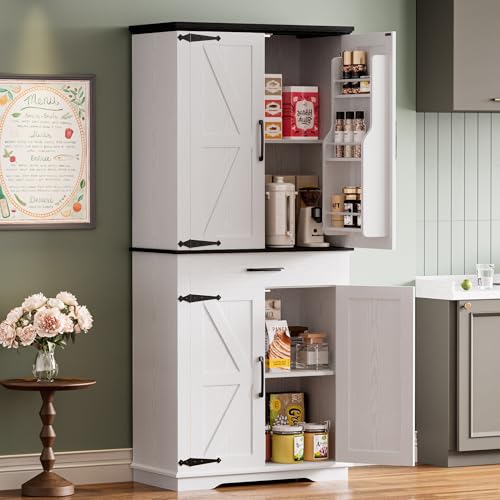 IRONCK-Farmhouse-Kitchen-Pantry-Cabinet-Tall-Storage-Cabinet-with-6-Hanging-Shelves-and-Adjustable-Shelves-Freestanding-Cupboard-with-Barn-Doors-for-Kitchen-Dining-RoomWhiteBlack IRONCK Farmhouse Kitchen Pantry Cabinet Tall Storage Cabinet with 6 Hanging Shelves and Adjustable Shelves Freestanding Cupboard with Barn Doors for Kitchen Dining RoomWhiteBlack