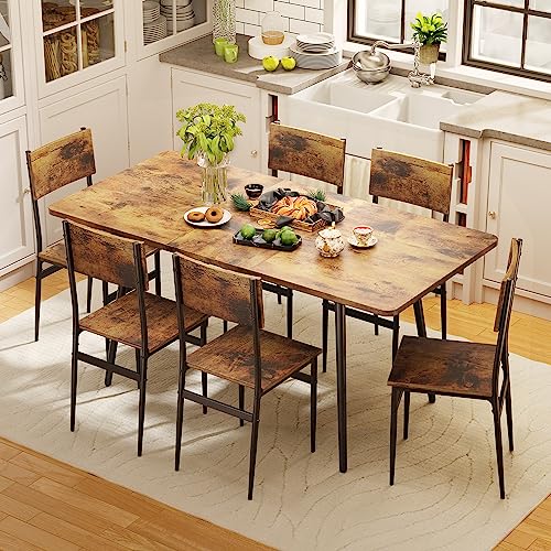 63-Extendable-Dining-Table-Set-for-4-6-People-7-Piece-Dining-Table-Set-for-6-People-with-6-Chairs-MDF-Wood-Board-Kitchen-Table-Set-for-Small-Space-and-Apartment-Rustic-Brown 63 Extendable Dining Table Set for 4 6 People 7 Piece Dining Table Set for 6 People with 6 Chairs MDF Wood Board Kitchen Table Set for Small Space and Apartment Rustic Brown