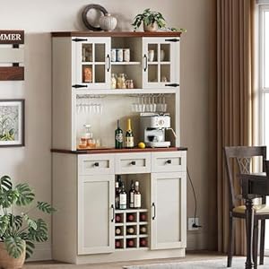 DWVO Coffee Bar Cabinet with Power OutletLights 72 Farmhouse Pantry Cabinet with Storage Shelves and 3 Drawers Tall Liquor Cabinet Bar Cabinets for HomeLiving Room Antique White
