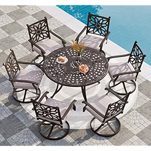   PHI-VILLA-Cast-Aluminum-Patio-Dining-Set-for-6-Person-7-Piece-Outdoor-Patio-Set-with-54-Dia-Cast-Top-Aluminum-Table21-Umbrella-Hole-and-6-Swivel-Rockers-Dining-Chairs-with-Seat-Cushions