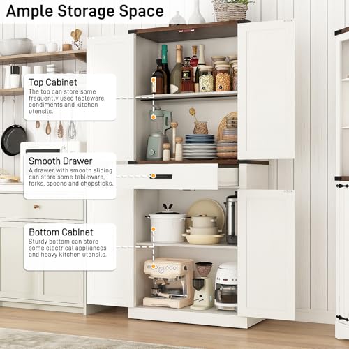 72-Tall-Farmhouse-Kitchen-Pantry-Cabinet-with-Drawer-Rustic-Wood-Cupboard-Storage-Cabinet-wOrganizer-and-4-Barn-Doors-Storage-Cabinet-for-Kitchen-Dining-Room-Living-Room-Rustic-White 72 Tall Farmhouse Kitchen Pantry Cabinet with Drawer Rustic Wood Cupboard Storage Cabinet wOrganizer and 4 Barn Doors Storage Cabinet for Kitchen Dining Room Living Room Rustic White