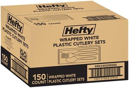 Hefty Individually Wrapped Plastic White Heavy-Duty Cutlery Disposable Flatware 150 Piece Set