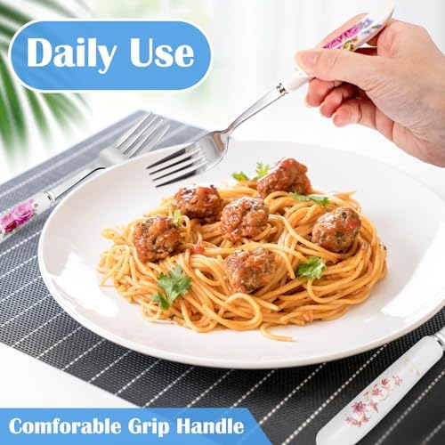 12Pcs Stainless Steel Floral Forks with Ceramic Handles