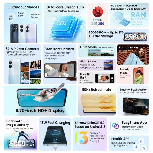 Blackview Color 8 Smartphone Ohne Vertrag, 16GB+256GB, 6,75" FHD+ 90Hz, 50MP+8MP Kamera, 6000mAh Akku, DREI Kartensteckplätze, Android 13 Handy, Smart-K Box Lautsprecher, GPS Schwarz – Bild 3