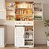 HOOBRO Farmhouse Kitchen Pantry Cabinet 716 Storage Cabinet with LED Light and Sliding Barn Door Pantry Cabinet with Adjustable Shelf and Drawer for Kitchen Dining Room White and Walnut