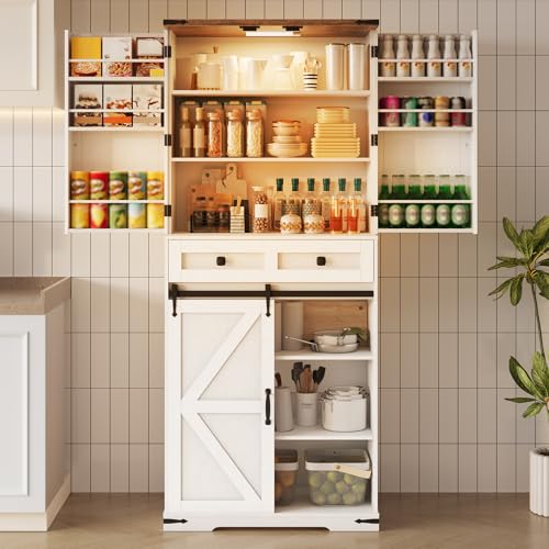 HOOBRO-Farmhouse-Kitchen-Pantry-Cabinet-716-Storage-Cabinet-with-LED-Light-and-Sliding-Barn-Door-Pantry-Cabinet-with-Adjustable-Shelf-and-Drawer-for-Kitchen-Dining-Room-White-and-Walnut HOOBRO Farmhouse Kitchen Pantry Cabinet 716 Storage Cabinet with LED Light and Sliding Barn Door Pantry Cabinet with Adjustable Shelf and Drawer for Kitchen Dining Room White and Walnut
