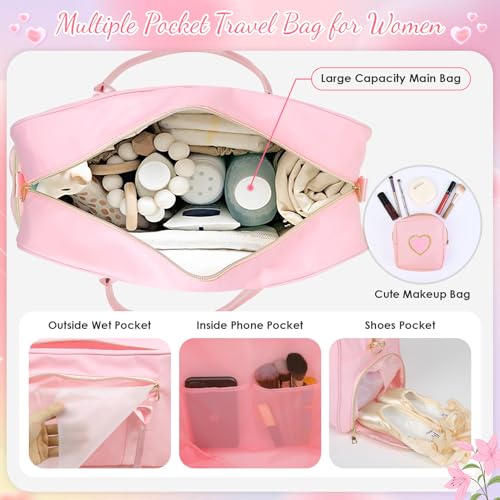 Mama Hospital Bag for Women Labor and Delivery Nylon Chenille Letter Embroidered Duffle Overnight Weekender Bag with Shoes Compartment and Mothers Day Gifts Pink - Image 3