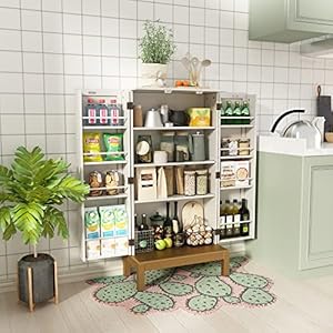 45'' Storage Cabinet with Doors and Adjustable Shelves,Food Pantry Cabinet for Kitchen,Dining Room,Living Room and Garage,Gold Lines and Legs, White. 45 Storage Cabinet with Doors and Adjustable ShelvesFood Pantry Cabinet for KitchenDining RoomLiving Room and GarageGold Lines and Legs White