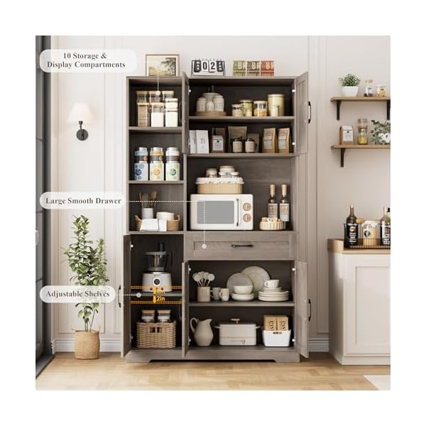   HOSTACK-71-Tall-Kitchen-Pantry-Storage-Cabinet-Farmhouse-Food-Pantry-Cabinet-with-Microwave-Stand-Barn-Doors-Kitchen-Hutch-Cabinet-with-Large-Drawer-and-Shelves-for-Dining-Room-Ash-Grey