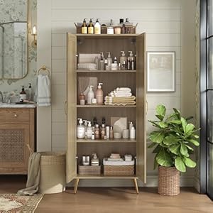 Storage Cabinet with Rattan Doors and Adjustable Shelves Bathroom Floor Cabinet 57.48" H Boho Kitchen Pantry for Farmhouse Living Room Entryway Natural Storage Cabinet with Rattan Doors and Adjustable Shelves Bathroom Floor Cabinet 5748 H Boho Kitchen Pantry for Farmhouse Living Room Entryway Natural