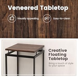 GOFLAME 3 Piece Bar Table Set Square Counter Height Table and Stools with Floating Tabletop Footrest Industrial Pub Table Set with Metal Frame for Breakfast Nook Kitchen Small Space