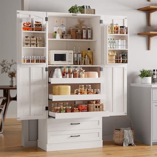 71-Tall-Farmhouse-Kitchen-Pantry-Cabinet-with-3-Pull-Out-Shelves-2-Large-Drawers-Pantry-Storage-Cabinet-with-6-Door-Shelves-Adjustable-Shelf-Freestanding-Pantry-for-Kitchen-Dining-Room 71 Tall Farmhouse Kitchen Pantry Cabinet with 3 Pull Out Shelves 2 Large Drawers Pantry Storage Cabinet with 6 Door Shelves Adjustable Shelf Freestanding Pantry for Kitchen Dining Room