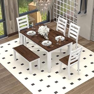  Farmhouse-6-Piece-Dining-Room-Table-Set-with-Bench-and-Chairs-Solid-Wood-Kitchen-Dining-Table-Set-for-6-Persons-Walnut-Cottage-White