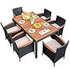 Flamaker 7 PCS Outdoor Patio Dining Set Outdoor Patio Furniture Set Rattan Chairs with Large Wood Table for Garden and Yard
