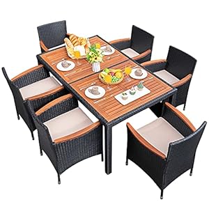 Flamaker 7 PCS Outdoor Patio Dining Set Outdoor Patio Furniture Set Rattan Chairs with Large Wood Table for Garden and Yard