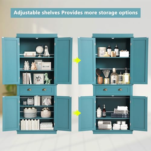 KIGOTY-72-Tall-Kitchen-Pantry-Cabinet-Farmhouse-Storage-Cabinet-Kitchen-Pantry-Storage-Cabinet-with-DoorsDrawer-and-Adjustable-Shelves-Freestanding-Cupboard-for-Living-RoomBlue KIGOTY 72 Tall Kitchen Pantry Cabinet Farmhouse Storage Cabinet Kitchen Pantry Storage Cabinet with DoorsDrawer and Adjustable Shelves Freestanding Cupboard for Living RoomBlue