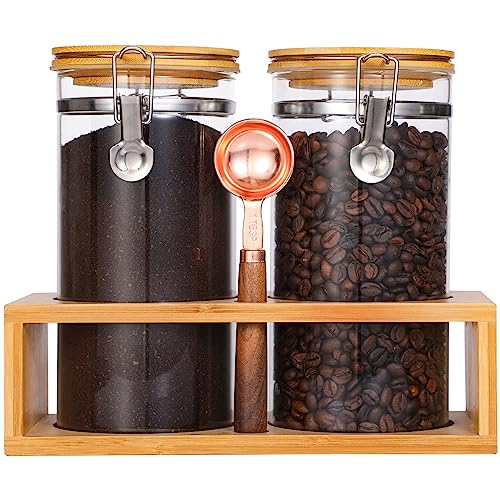 Glass Coffee Storage Container with Bamboo Shelf 2PCS 49oz Airtight Sealed Coffee Bean Jar with Clamp Lid Measuring Spoon Kitchen Pantry Canister Set for Ground Coffee Sugar Tea Flour