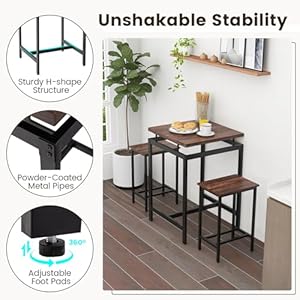 GOFLAME 3 Piece Bar Table Set Square Counter Height Table and Stools with Floating Tabletop Footrest Industrial Pub Table Set with Metal Frame for Breakfast Nook Kitchen Small Space