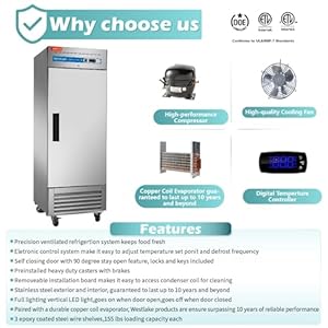   WESTLAKE-27-W-Commercial-Refrigerator-Stainless-Steel-Reach-in-Solid-Single-Door-Upright-Fan-Cooling-23-Cuft-Cooler-for-Restuarant-Bar-Shop-etc