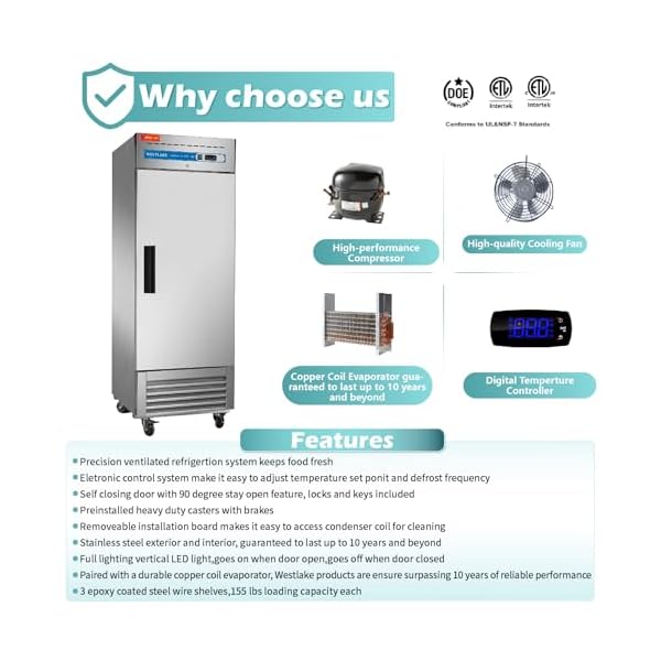   WESTLAKE-27-W-Commercial-Refrigerator-Stainless-Steel-Reach-in-Solid-Single-Door-Upright-Fan-Cooling-23-Cuft-Cooler-for-Restuarant-Bar-Shop-etc