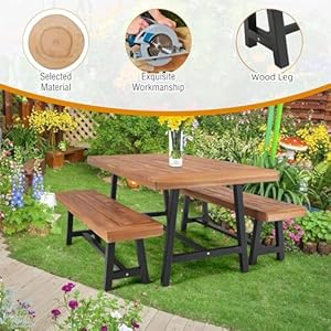 MFSTUDIO 3 Pieces Outdoor Patio Dining Set,Acacia Wood Table Bench Furniture Set with 1 Rectangular Picnic Wooden Table and 2 Benches for Backyard, Garden, Lawn-Teak Color MFSTUDIO 3 Pieces Outdoor Patio Dining SetAcacia Wood Table Bench Furniture Set with 1 Rectangular Picnic Wooden Table and 2 Benches for Backyard Garden Lawn Teak Color