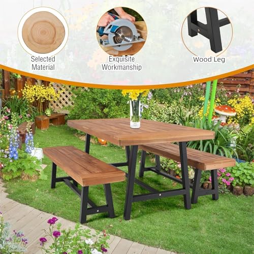 MFSTUDIO-3-Pieces-Outdoor-Patio-Dining-SetAcacia-Wood-Table-Bench-Furniture-Set-with-1-Rectangular-Picnic-Wooden-Table-and-2-Benches-for-Backyard-Garden-Lawn-Teak-Color MFSTUDIO 3 Pieces Outdoor Patio Dining SetAcacia Wood Table Bench Furniture Set with 1 Rectangular Picnic Wooden Table and 2 Benches for Backyard Garden Lawn Teak Color