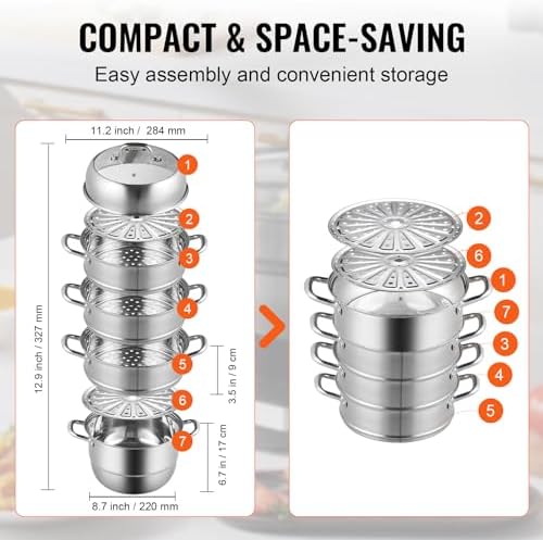 VEVOR 5-Tier Stainless Steel Steamer Pot for Quick Nutritious Cooking