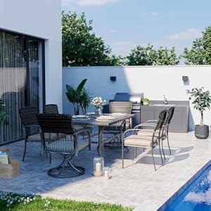 Pamapic 7 Piece Patio Dining Set for 6Outdoor Wicker Furniture Set for Backyard Garden Deck Poolside with 4 Dining Chairs and 2 Swivel RockersIron Slats Table Top Removable CushionsBeige