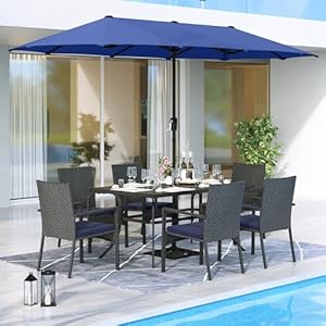   MFSTUDIO-8-Pieces-Outdoor-Patio-Dining-Set-for-6-with-Umbrella-Patio-Rectangular-Metal-Table-and-Rattan-Chairs-with-Umbrella-Outdoor-Patio-Wicker-Dining-Furniture-Set-with-13ft-Umbrella-Navy-Blue
