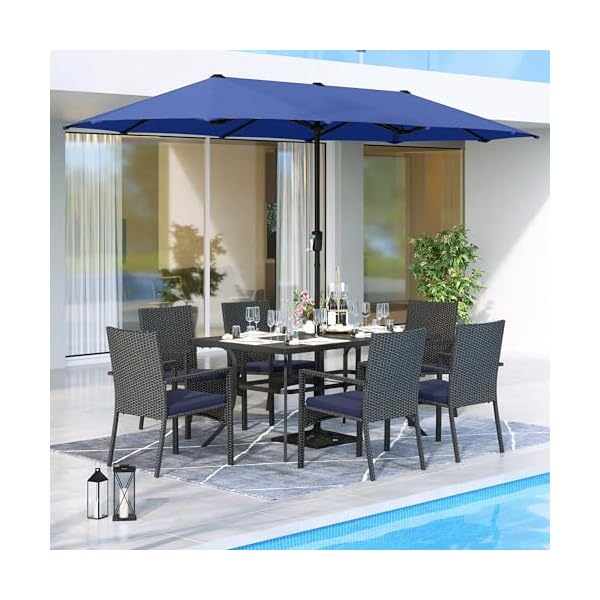   MFSTUDIO-8-Pieces-Outdoor-Patio-Dining-Set-for-6-with-Umbrella-Patio-Rectangular-Metal-Table-and-Rattan-Chairs-with-Umbrella-Outdoor-Patio-Wicker-Dining-Furniture-Set-with-13ft-Umbrella-Navy-Blue