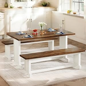 Tribesigns 47 Small Dining Table Set for 2 3 Piece Kitchen Table with 2 Benches Farmhouse Wood Dinner Furniture for Narrow Space Apartment White Rustic Brown