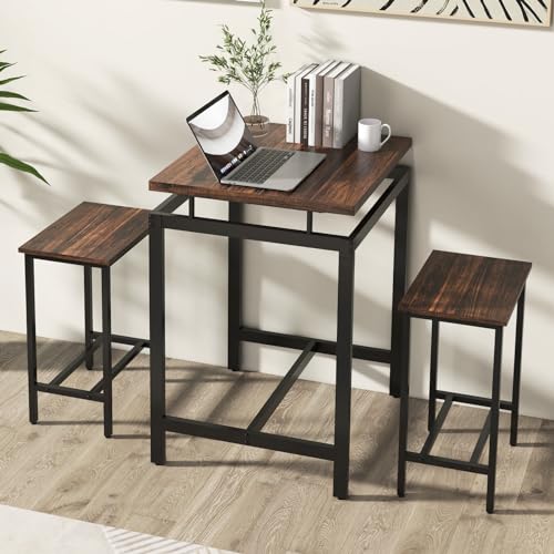GOFLAME 3 Piece Bar Table Set Square Counter Height Table and Stools with Floating Tabletop Footrest Industrial Pub Table Set with Metal Frame for Breakfast Nook Kitchen Small Space