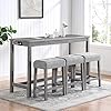 60 Industrial Grey Solid Wood Bar Table Set with Power Outlet and 3 Grey Chairs for Living Room Dining Room Game Room