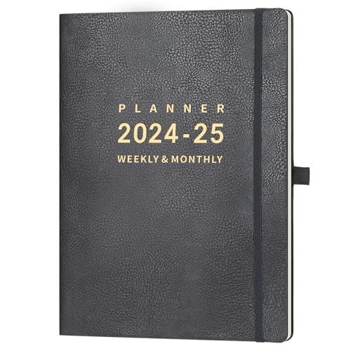 Academic Diary 2024-2025 - A4 Diary 2024-2025 Week to View from July 2024 to June 2025 with Soft Leather Cover, Grey, Elasticated Closure, Back Pocket, Pen Loop, 21.7 x 28.3 x 1.5 cm